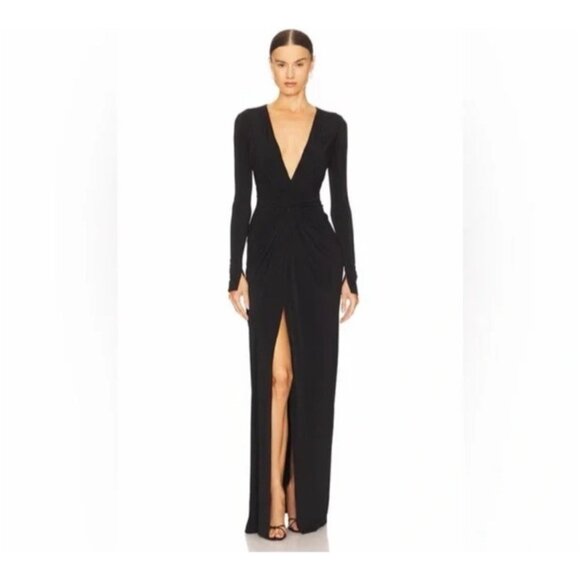 Katie May Los Angeles Dress M In a Mood Black Long Sleeve Plunge Maxi Gown - Picture 2 of 12